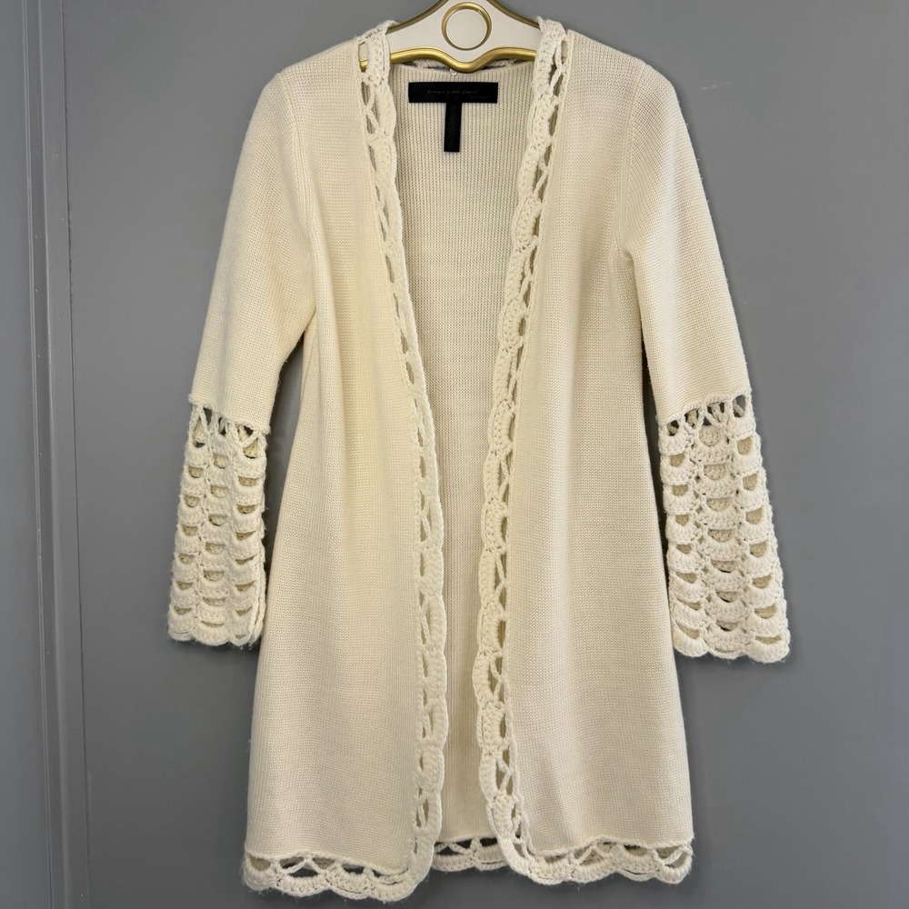 Apostrophe Cream Duster Crocheted Trim & Sleeve Long Cardigan Sz S Boho Hippie